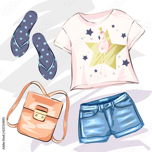 Fashion cloth set. Summer print.  Sketch top, shorts, bag and flip flops. Vec...