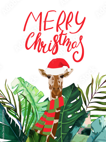 Christmas tropical frame. Card with palm tree, giraffe. Vector illustration. ...