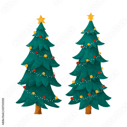 Two decorated Christmas trees illustration