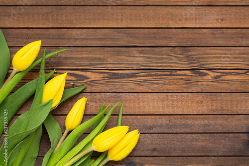 Beautiful yellow tulips on wooden background. Top view, copy space. Holidays concept. Add text