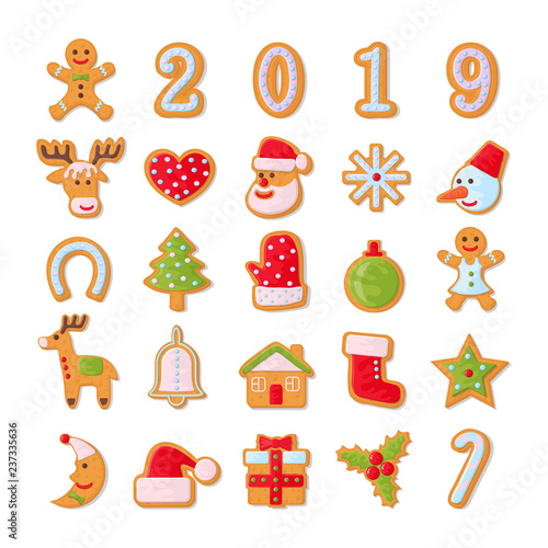 Set of christmas cookies. Set of different gingerbread cookies for christmas. New Year gingerbread in the form of Christmas characters. Different new year characters. Homemade baking. Bakery products.