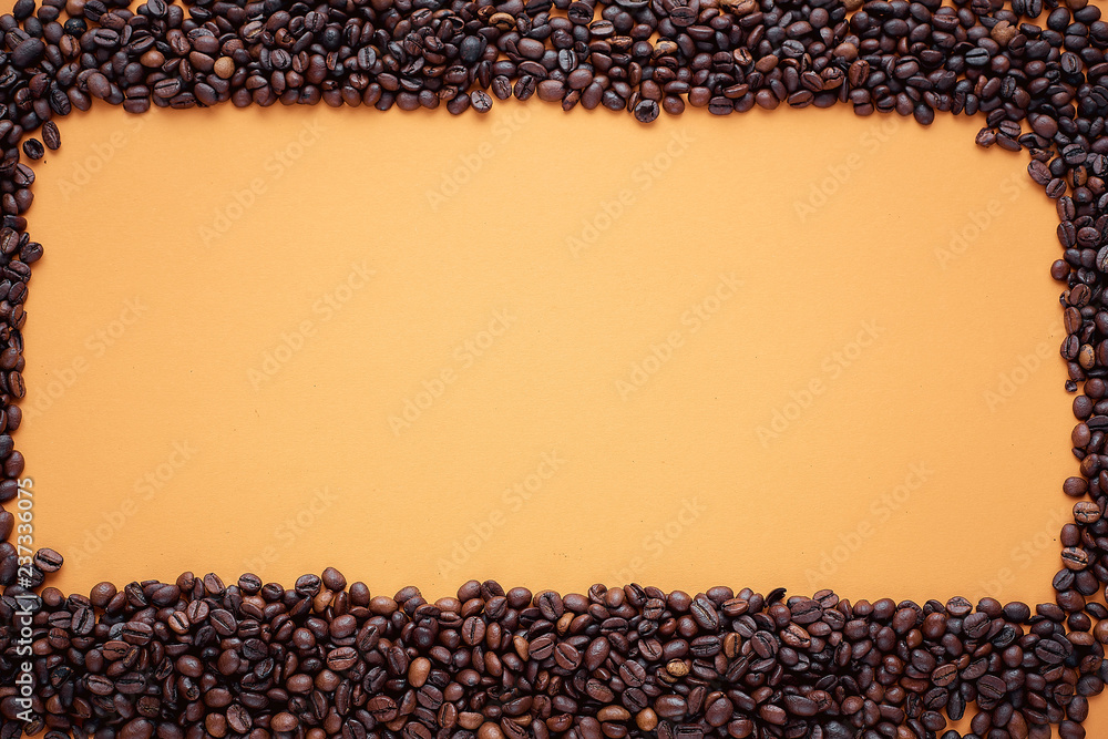 texture, coffee bean frame on orange background, space for text texture, coffee bean frame on orange background, space for text