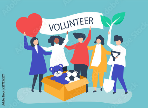 People volunteering and donating money and items  to a charitable cause