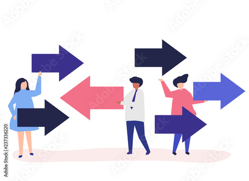 People carrying arrows in the opposite directions