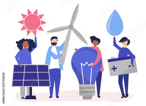 Characters of people holding green energy icons