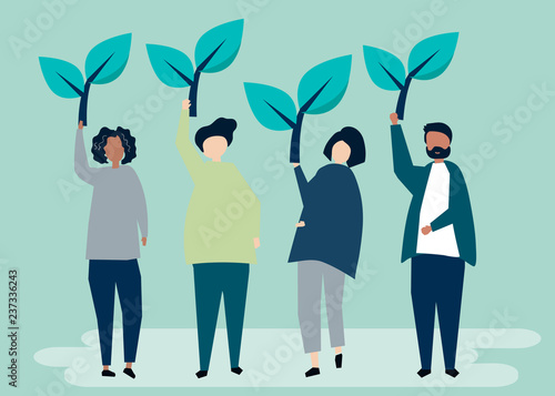 People holding tree icons to raise environmental awareness