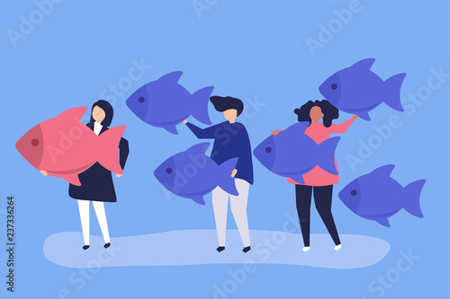 People carrying fish icons in leadership concept