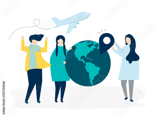People carrying different travel related icons