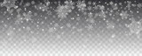 Vector snowfall, snowflakes of various shapes. Many white cold flaky elements on transparent background. White falling fly in the air.