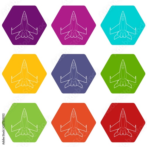 Military jet icons 9 set coloful isolated on white for web