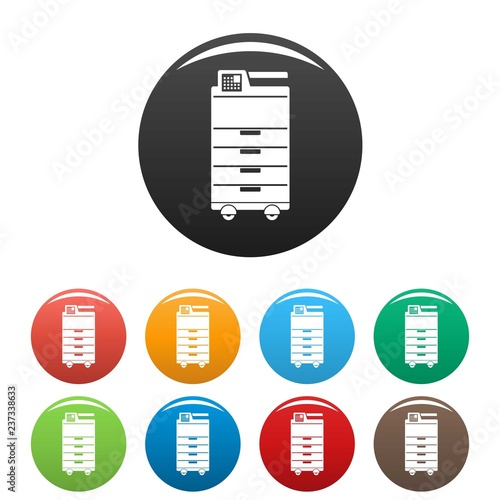 Big office printer icons set 9 color vector isolated on white for any design