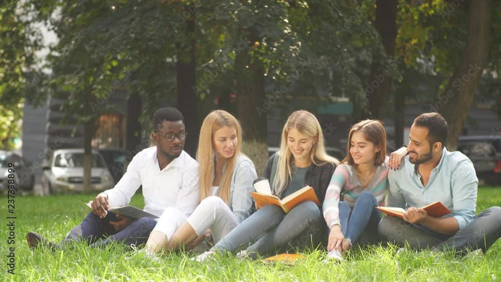 Outdoor portrait of group of young mixed-race diverse students sitting together on green lawn reading their notes about their life at university campus Outdoor portrait of group of young mixed-race diverse students sitting together on green lawn reading their notes about their life at university campus