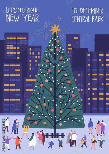Flyer or poster template with decorated Christmas tree and tiny people walking nearby on city square. Modern vector illustration in flat style for outdoor New Year party advertising, event promotion.