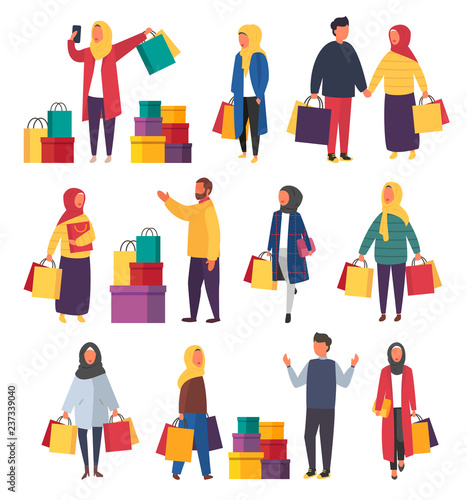 Shopping muslim women with bags. Vector sale illustration