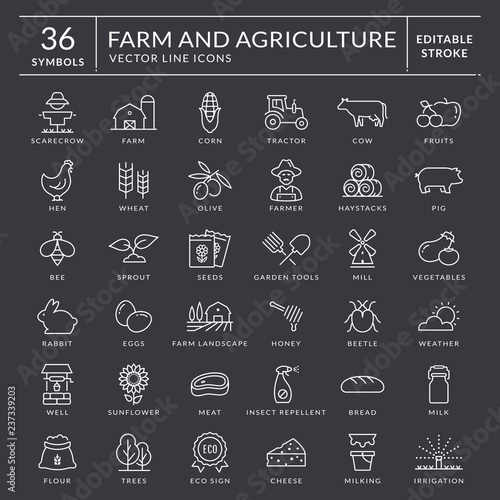 Farm and agriculture vector line icons. Editable stroke.