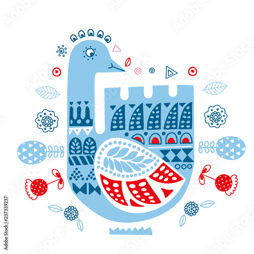 Stylized folk ornament with winter goose. Template for tiles, mosaics, textiles, bed linen, carpet