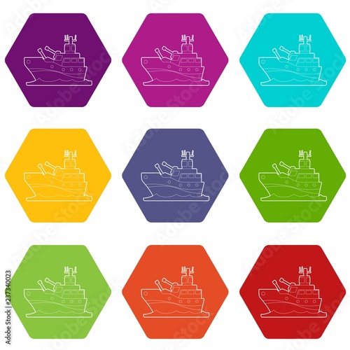 Battleship icons 9 set coloful isolated on white for web