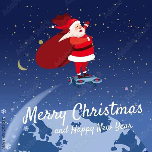 Santa Claus on a hoverboard flies with a bag of gifts around the Earth. Congratulations on a Merry Christmas and Happy New Year. Vector, banner, poster, greeting card, illustration, isolated