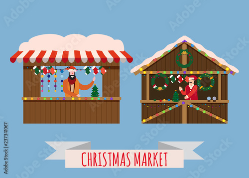 Christmas market stalls, canopy seller with New Year decorations. Xmas wreath, balls, ate, decoration. Christmas fair wooden kiosks vector illustration. Template, isolated
