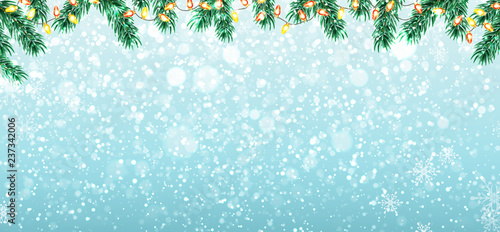Winter background with Christmas tree branches, snow and garland lights. Holiday horizontal banner with copy space. Vector illustration.
