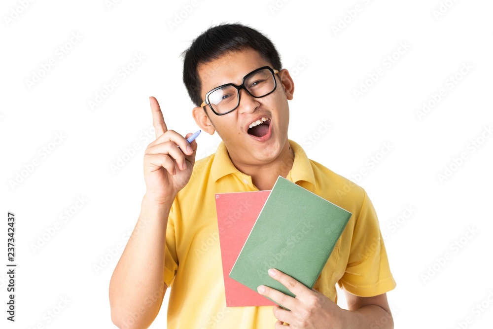 Man holds book Have a new idea.Emotional man having idea and pointing up.Ideas for business.Are using ideas Man holds book Have a new idea.Emotional man having idea and pointing up.Ideas for business.Are using ideas
