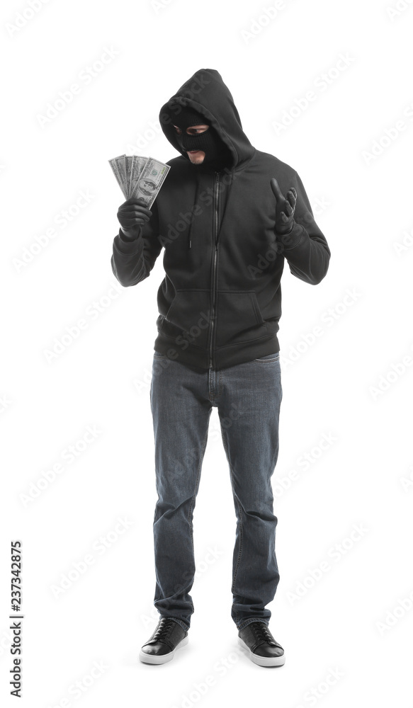 Male thief with money on white background Male thief with money on white background