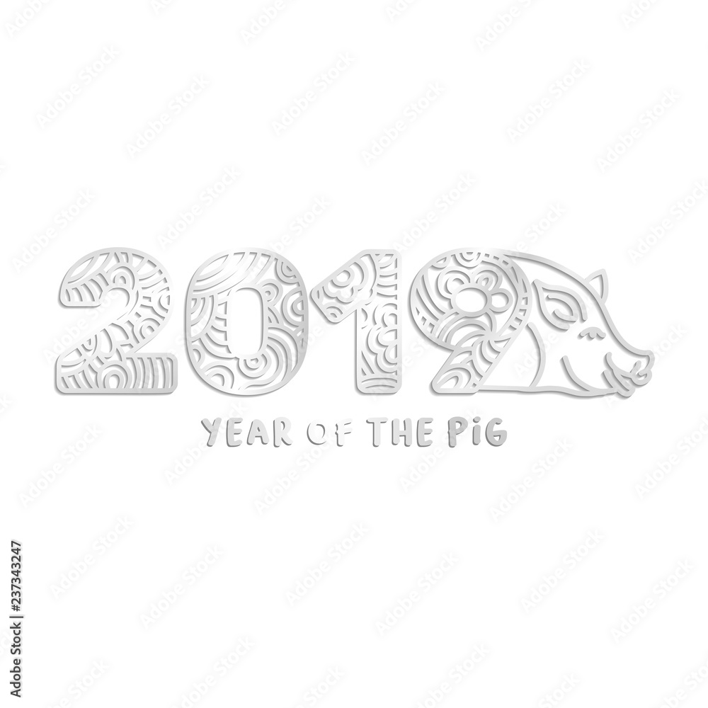 2019 silver laser cut ornate numbers and piggy face vector illustration. Year of the Pig handwritten red lettering. Decorative paper cut clipart with wavy pattern. Piggy Sign Greeting card