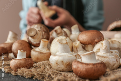 Fresh raw mushrooms on table