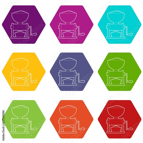 Meat grinder icons 9 set coloful isolated on white for web