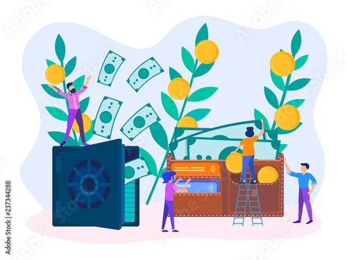 afe with dollars, wallet with banknotes, coins and credit cards.