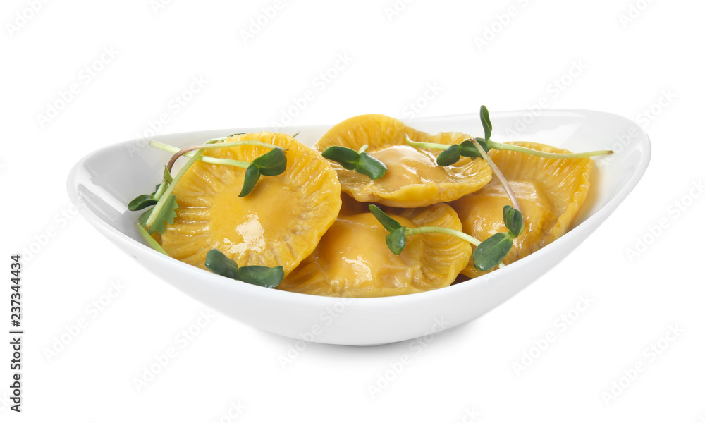 Plate with tasty ravioli on white background Plate with tasty ravioli on white background