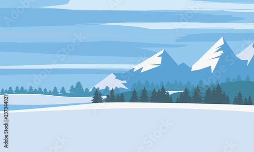 Winter landscape, cartoon minimal style. Horizon, panorama, snow-covered trees, village, mountains, ate, pine. Vector, illustration, isolated, template, poster, banner