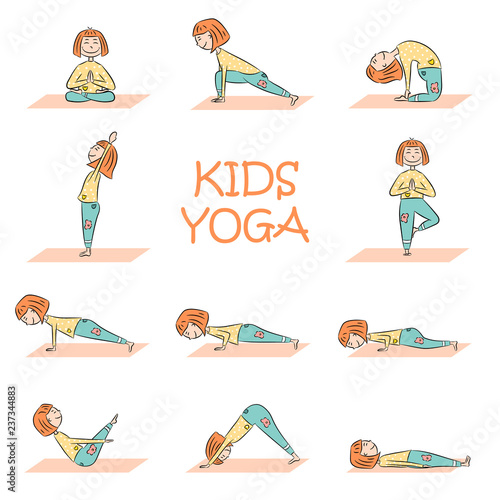 Kids yoga set with cute cartoon girl