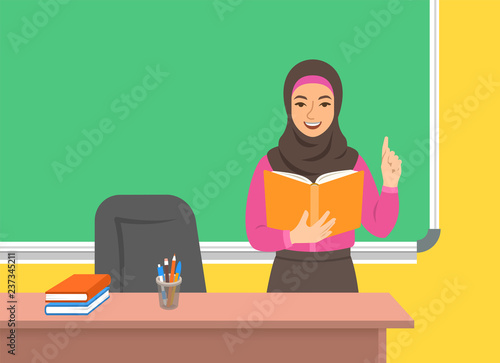 Arab woman teacher in hijab standing with open book at the blackboard in classroom. School class interior. Traditional education concept. Vector cartoon illustration. Back to school banner.