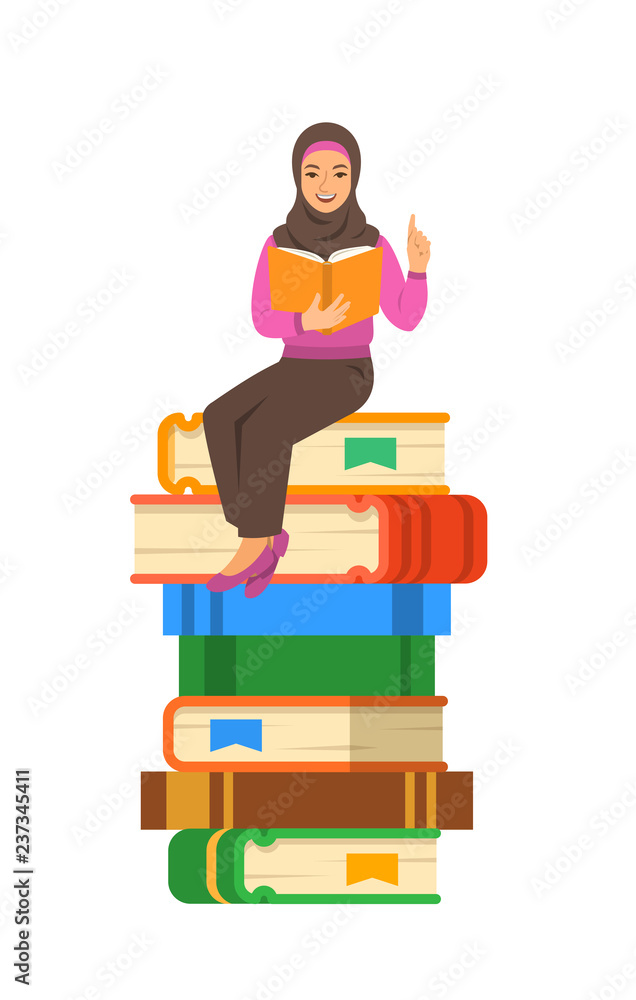 Young arab woman teacher reads open book sitting on stack of giant books. School education concept. Vector cartoon illustration. Clever expert shares knowledge. Isolated on white Young arab woman teacher reads open book sitting on stack of giant books. School education concept. Vector cartoon illustration. Clever expert shares knowledge. Isolated on white