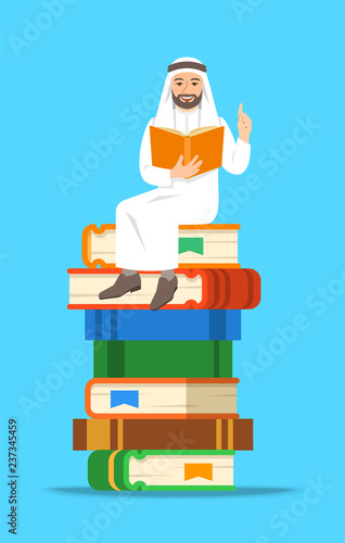 Young arab man teacher reads open book sitting on stack of giant books. School education concept. Vector cartoon illustration. Clever expert shares knowledge. Isolated on white