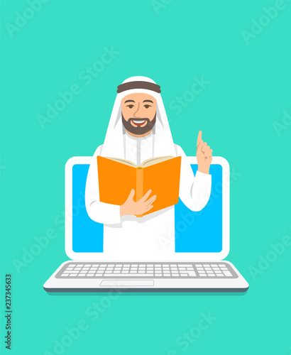 Online education concept. Young arab man teacher holds open book and lifts a finger up to share knowledge. Cartoon vector illustration. Distance learning by computer. Virtual library on internet