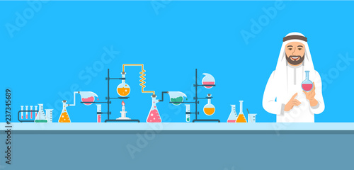 Chemist in chemical laboratory. Flat vector background. Cartoon horizontal banner. Arab man scientist in white coat holds flask with medicine near pharmaceutical equipment. Medical research concept