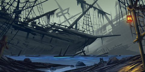 Wandcirkels Piraten Spookschip gestrand in mistige baai  © info@nextmars.com