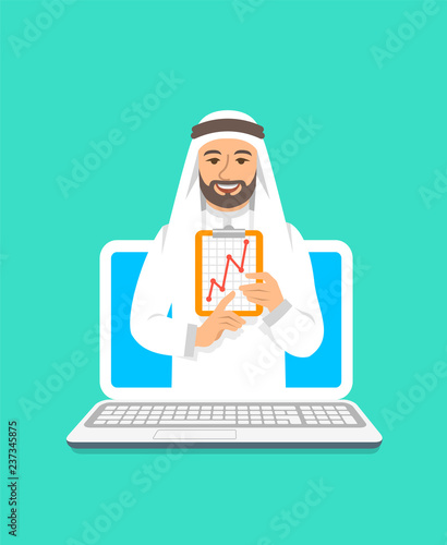 Online business coaching concept. Vector flat illustration. Young arab man business coach on computer monitor holds graphic of money growth. Business training on internet. Marketing strategy