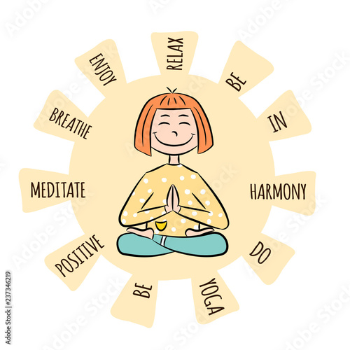 Image of a cartoon funny girl sitting on lotus position of yoga