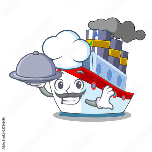 Chef with food luxury character ship sailing to port