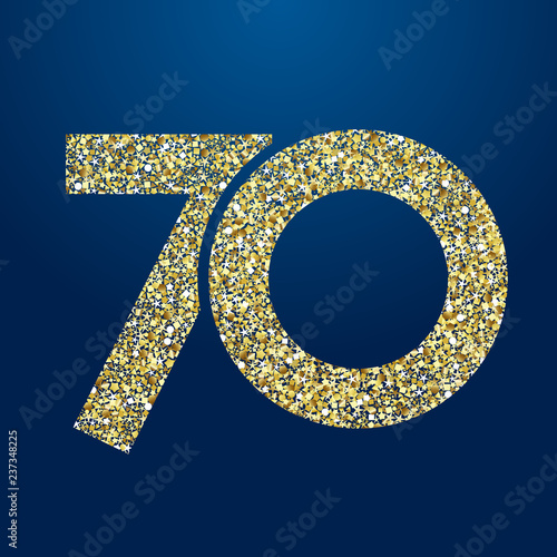 70 th years old logotype. Isolated golden color abstract dot graphic symbol of 70%. Shiny straight elegant cut label design template. Round shape digits, up to -70 % percent off sign. Discount emblem.