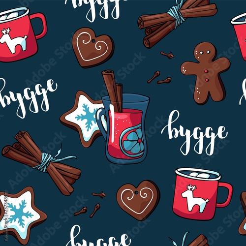 Cute hygge pattern for fabric with christmas elements. Vector hand drawn seamless pattern with hygge lettering and cozy things: cocoa with marshmallows, hot chocolate, deer, cinnamon, mulled wine.
