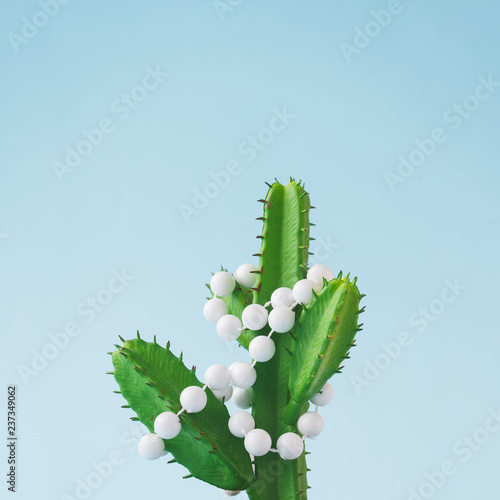 Cactus with Christmas tree decoration. Minimal New Year concept.