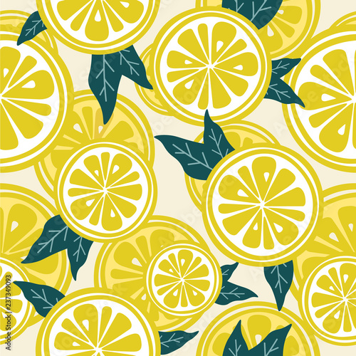Fresh lemons, leaves background. Hand drawn overlapping backdrop. Colorful wallpaper vector. Seamless pattern with citrus fruits collection. Decorative illustration, good for printing