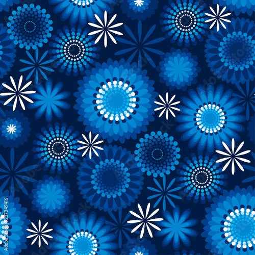 Geometric snowflakes seamless pattern on blue