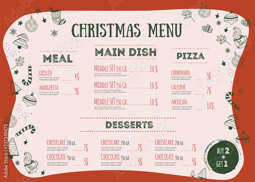 Christmas menu design template with lettering. Restaurant background. Vector hand drawn illustration Food and Drink concept