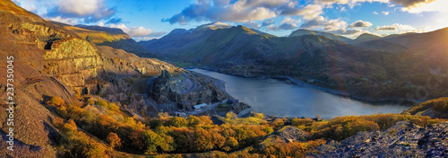 Panorama of Llyn Padarn and Llanberis and snowdon in the background, Wales Uk.
