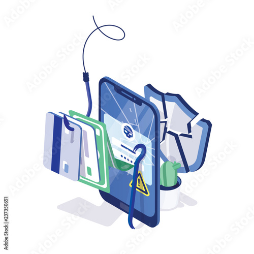 Cracked smartphone, credit cards and money on fishing hook and broken or shattered protective shield